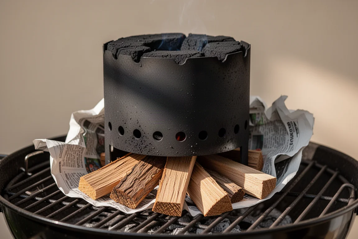 Newspaper and dry kindling placed beneath a charcoal chimney ready to light