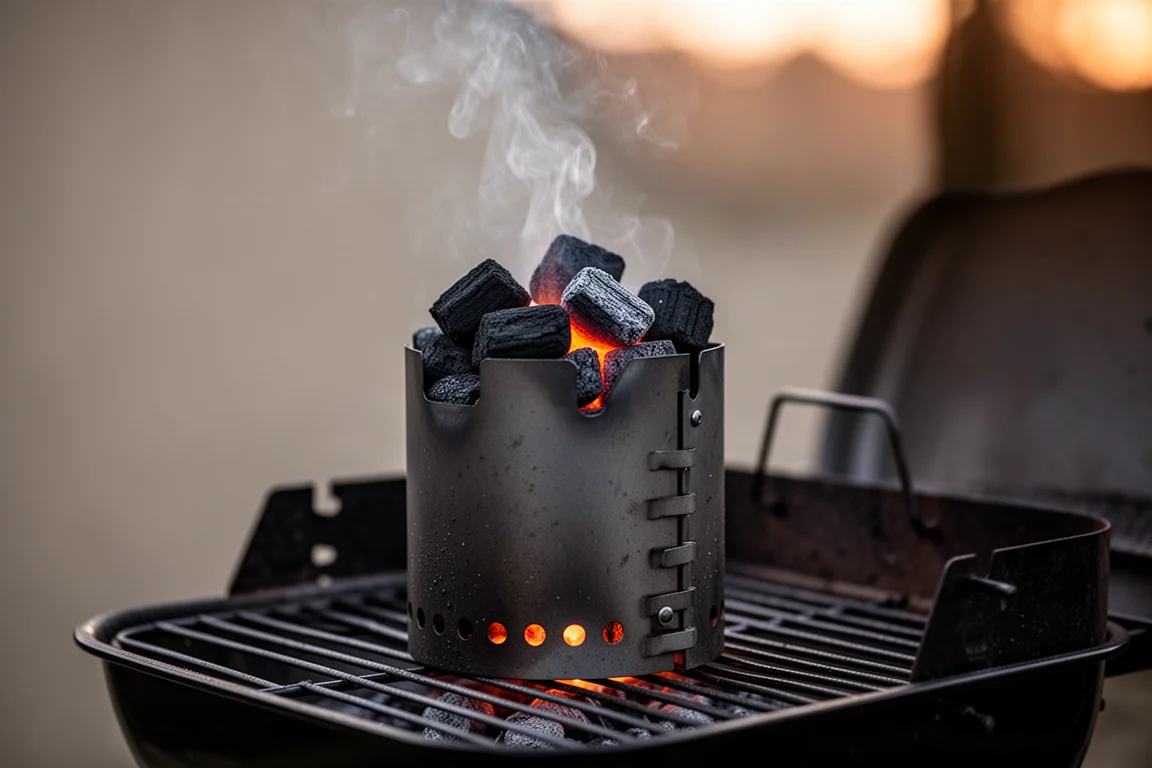 Charcoal glowing and smoking inside a lit chimney starter outdoors