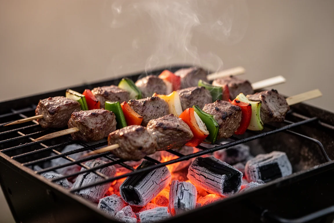Skewers of meat and vegetables grilling over glowing charcoal