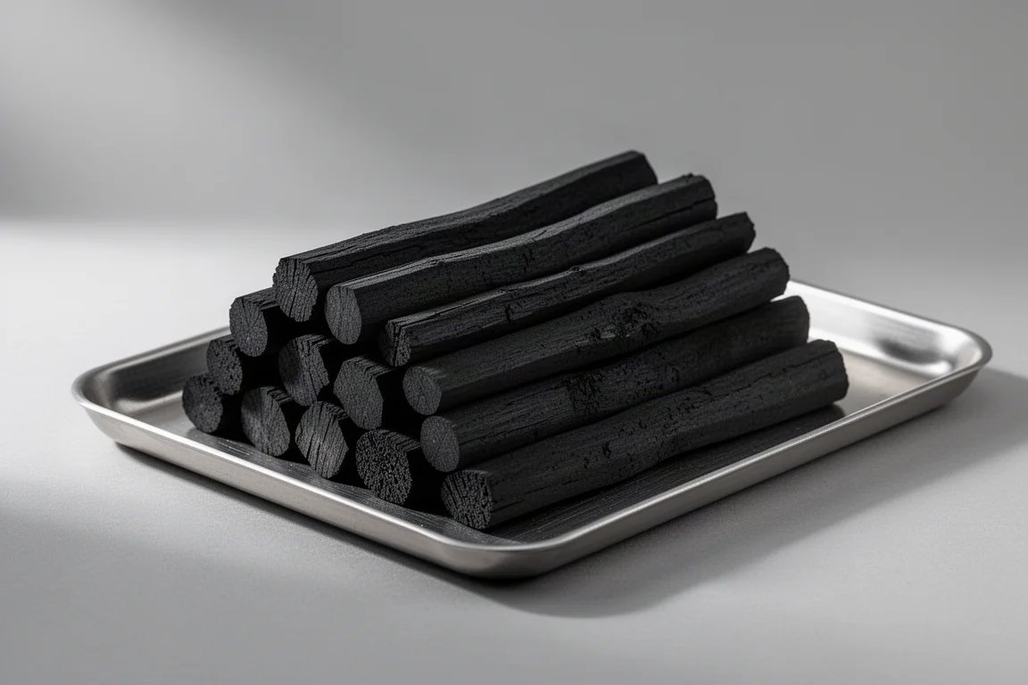 Open box of dense black charcoal briquettes beside a charcoal chimney on a wood surface
