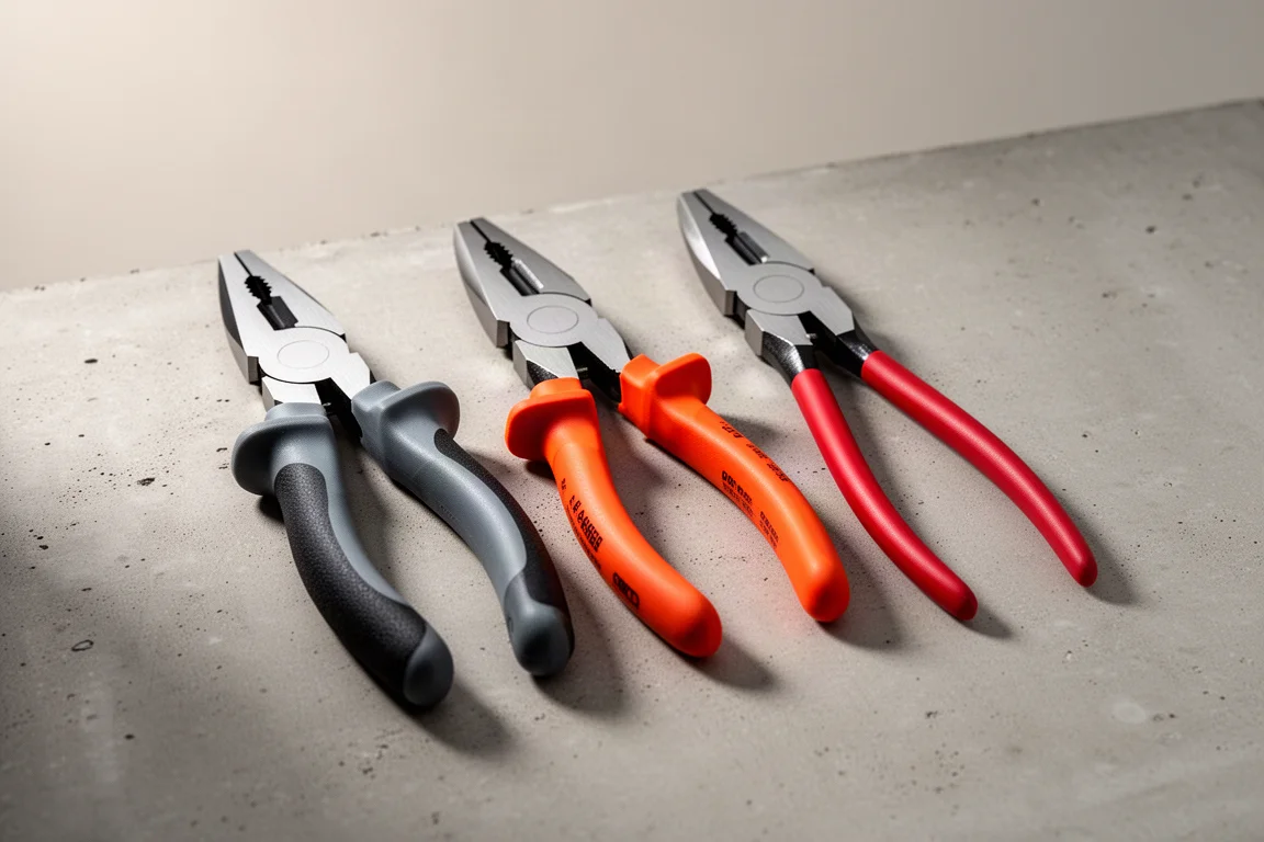 Three Knipex combination pliers with different handle styles on a concrete surface