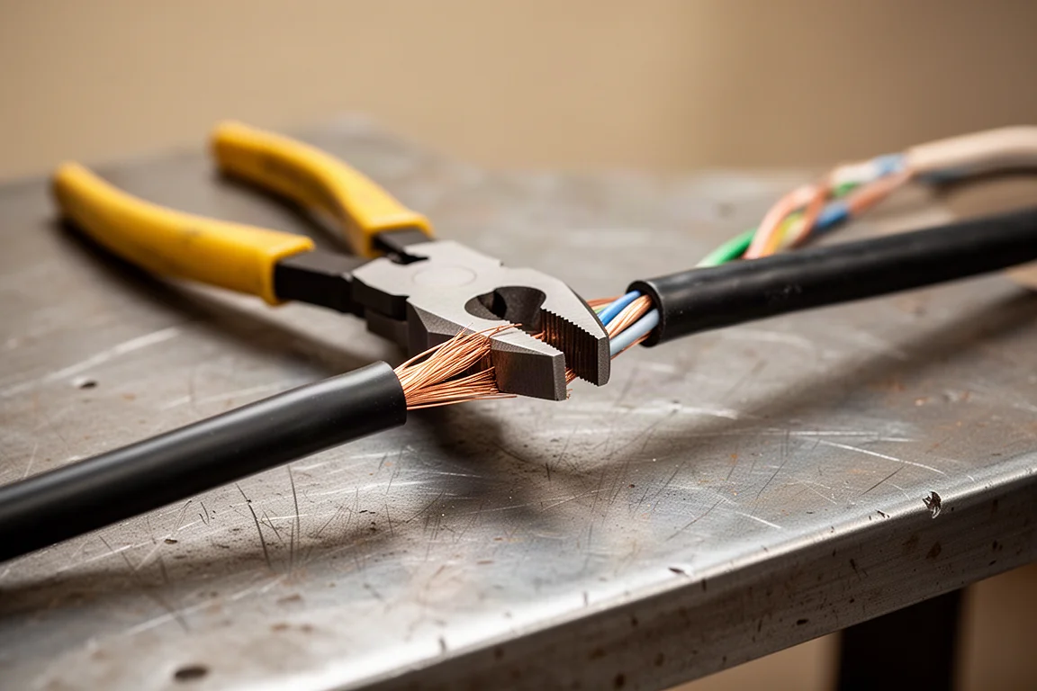 Montatstang knipt door een elektriciteitskabel op een werkbank