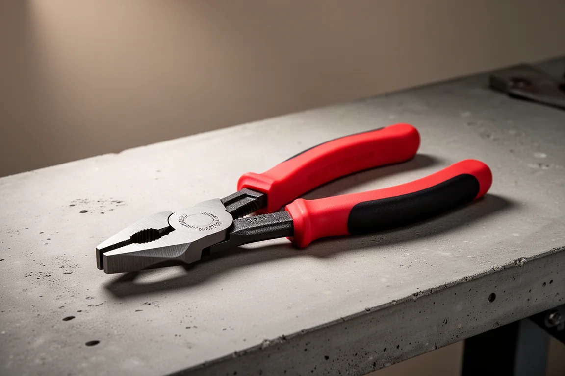 Knipex 09 02 240 lineman pliers with red comfort grip handles on a workbench