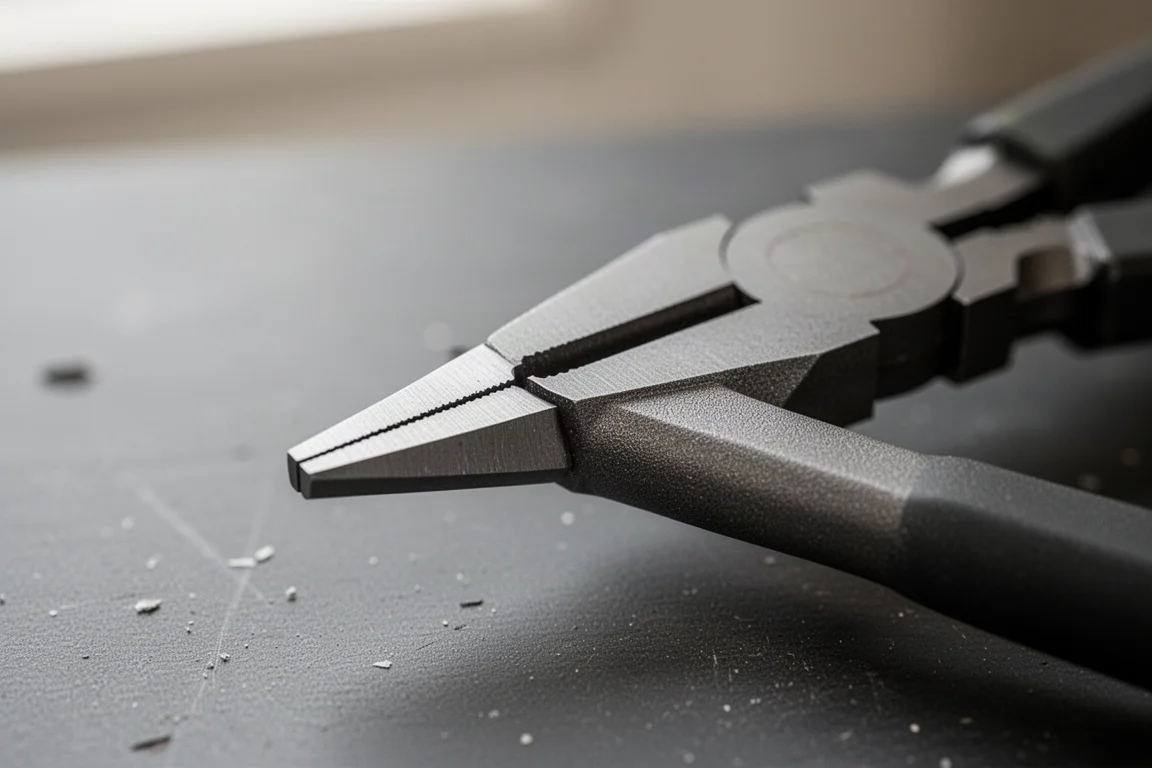 Close-up of insulated plier jaws nearly closed with a small gap at the tip