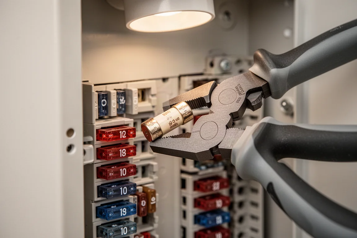 Hands using insulated pliers to grip a cylindrical fuse in a fuse box