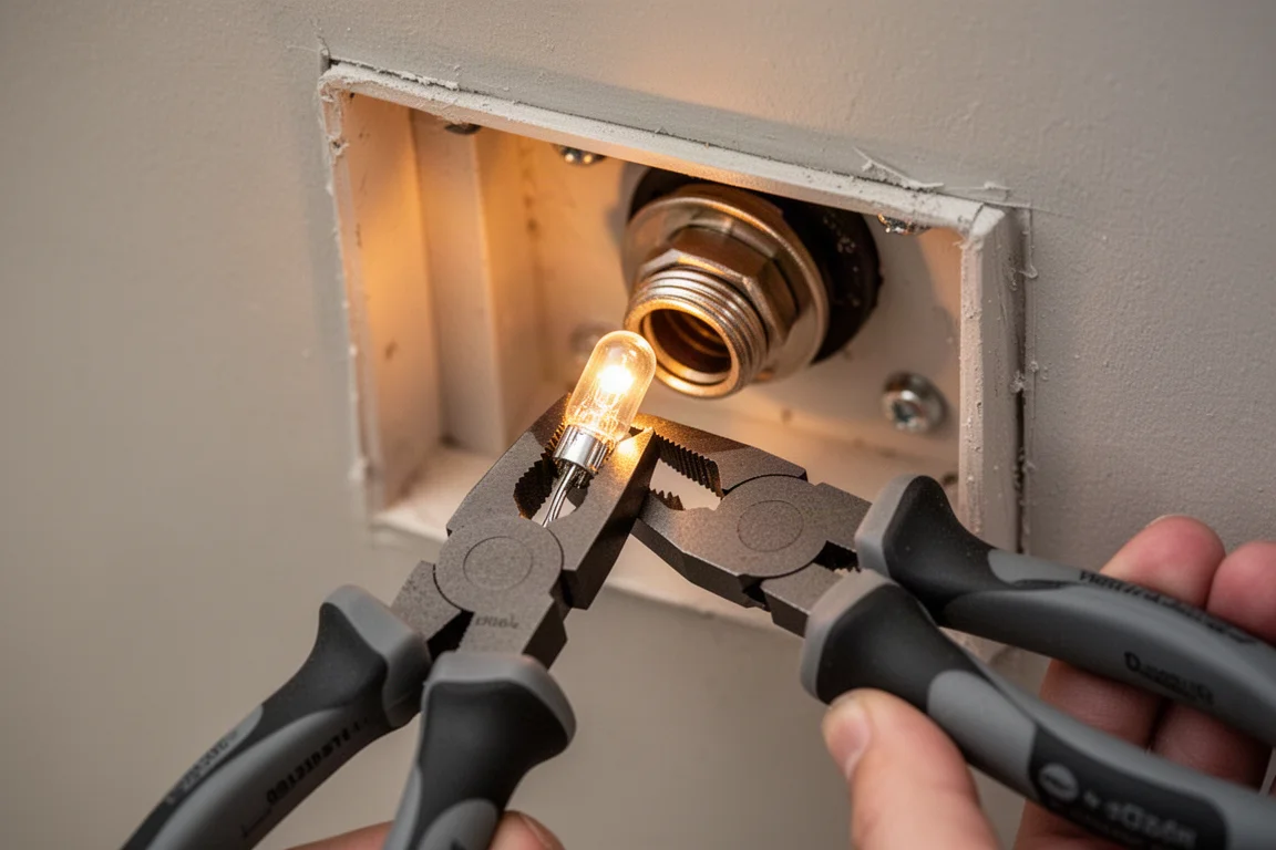 Pliers carefully inserting a small LED bulb into a tight fixture socket