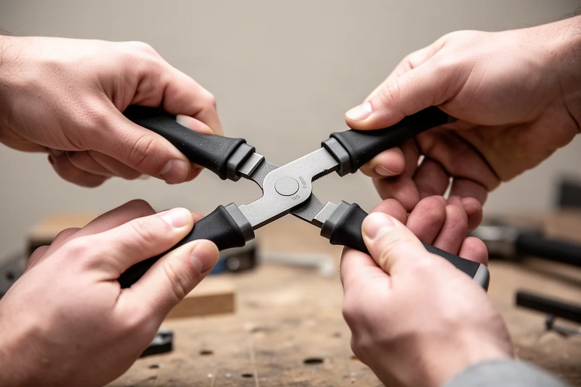 Hands flexing the handles of insulated pliers to show handle flexibility