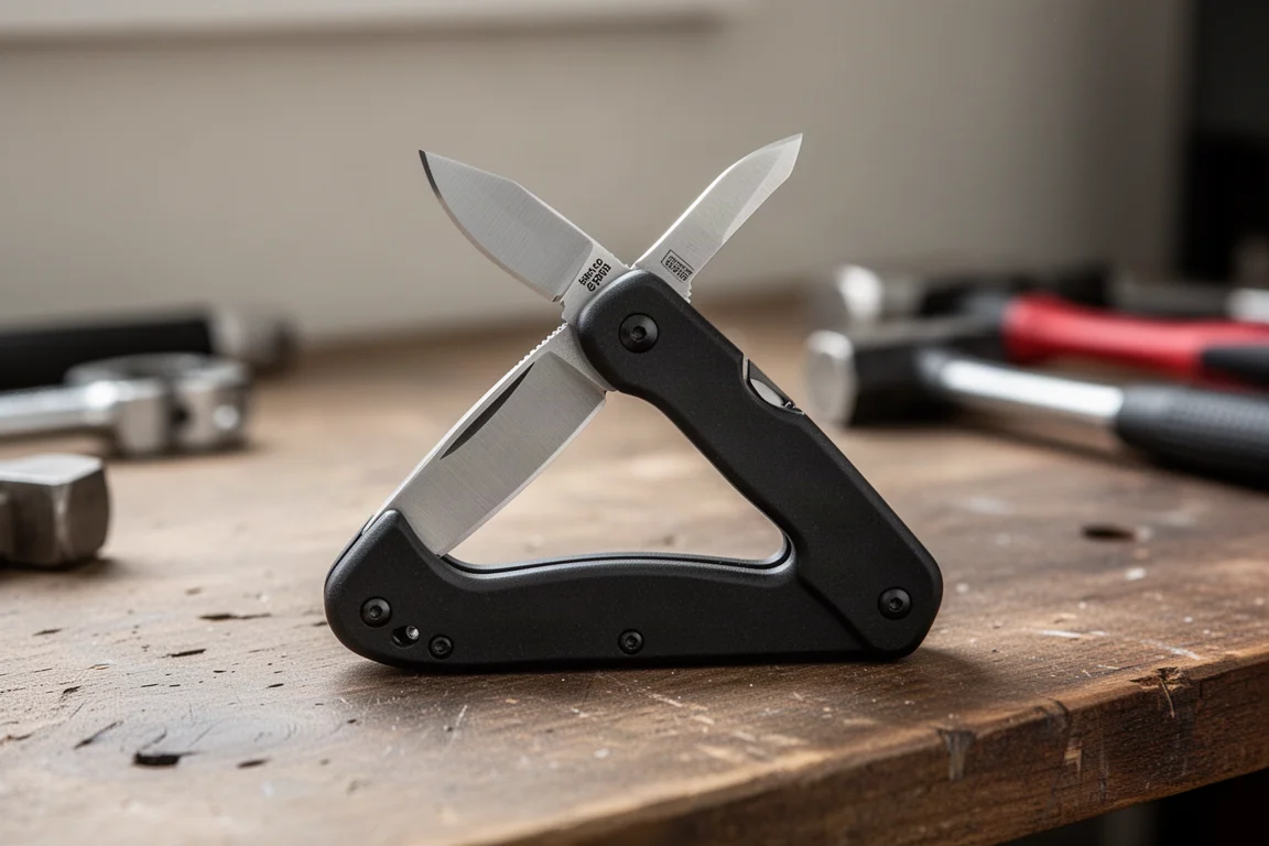 Coltello tascabile compatto aperto a 90 gradi su una bancale di lavoro in legno