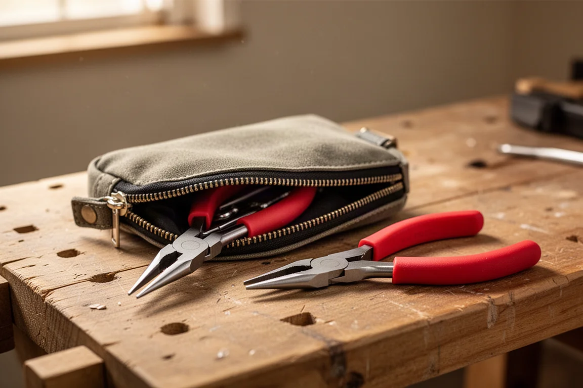 Compact needle nose pliers resting beside a small zipper tool pouch on a workbench