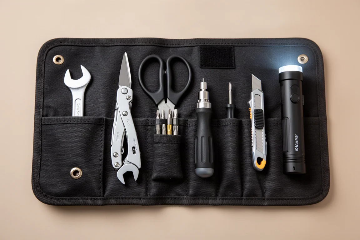 Open tool roll laid out with compact hand tools for a portable kit