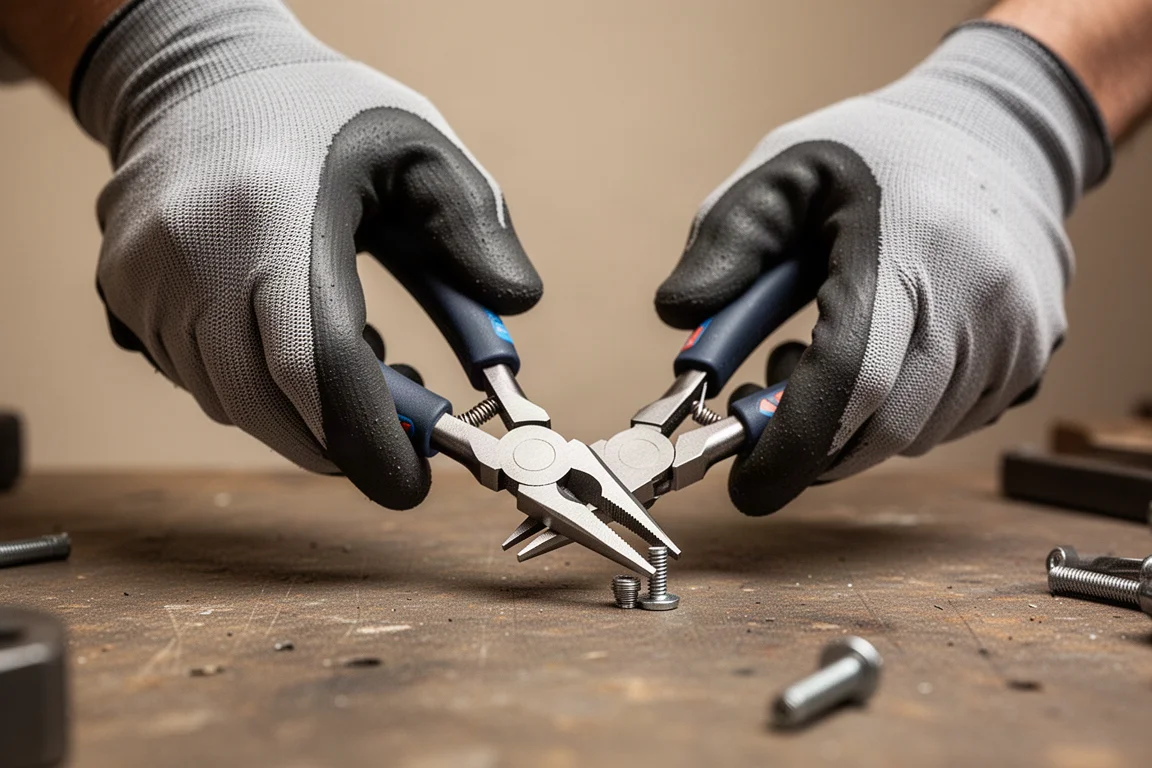 Hands gripping the plier handles comfortably while working on fine detail tasks