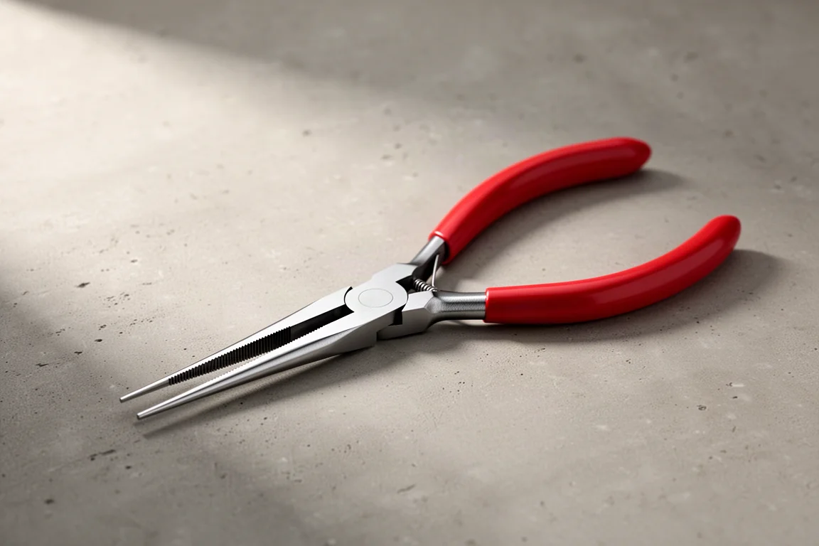 Extra-long needle nose pliers with polished steel jaws on a concrete surface