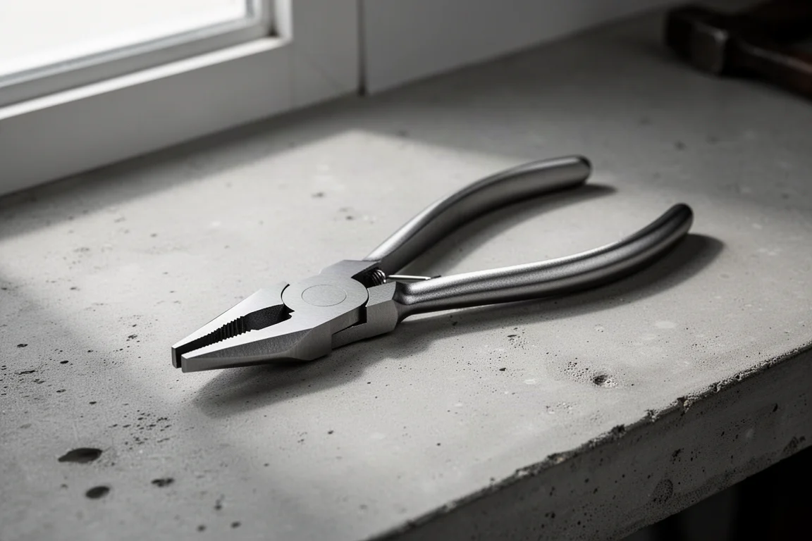 Knipex ze szczypcami odgiętymi pod kątem 70 stopni na betonowym stole warsztatowym