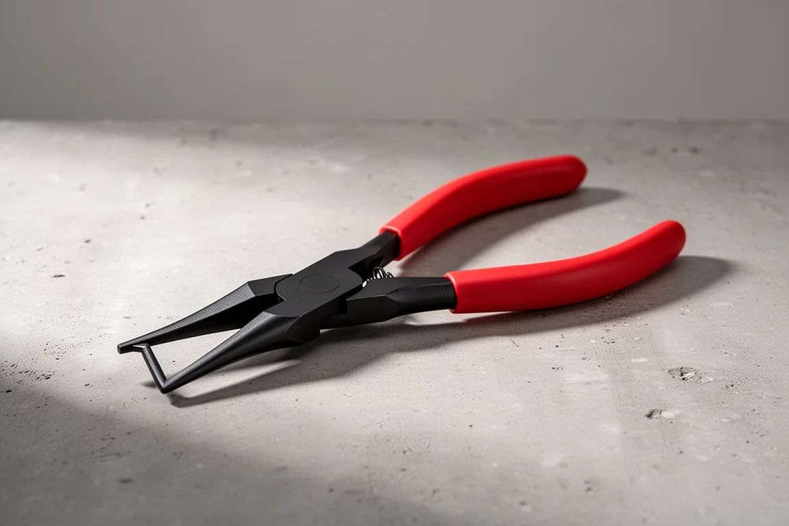 Knipex double angle long nose pliers with red handles on concrete surface