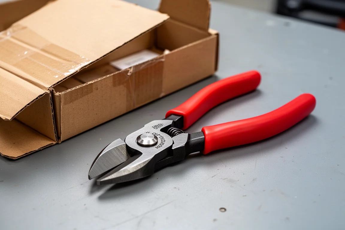 Pinze da taglio Knipex Cobalt XL appena disimballate accanto alla confezione aperta su un banco di lavoro