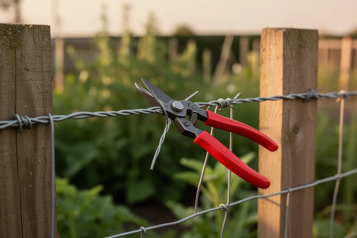 Pinze da taglio che recidono con precisione filo per recinzioni in un ambiente da giardino
