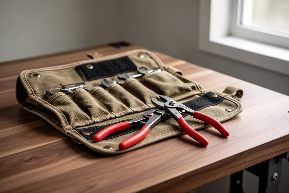 Pinza compacta colocada junto a un rollo de herramientas de viaje