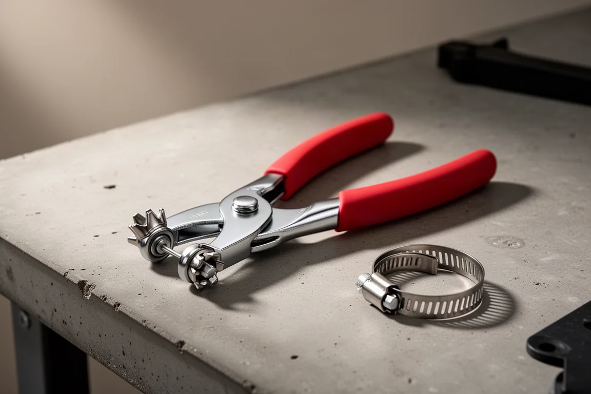 Knipex hose clamp pliers with crown-shaped jaws on a concrete workbench