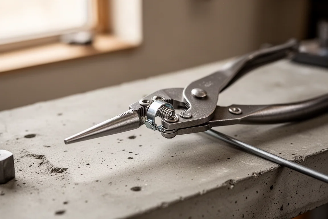 Close-up of a hose clamp pliers jaw clamping a metal hose clamp on a workbench