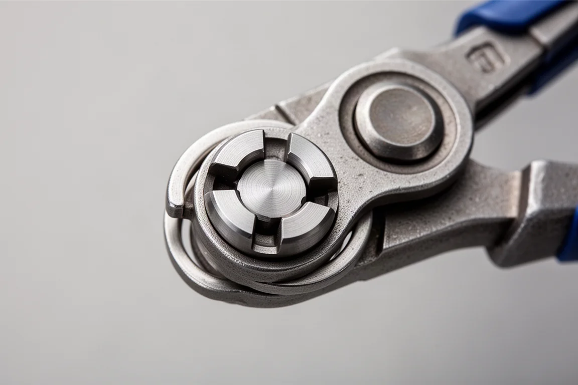 Detail of a rotating four-sided jaw face on a pair of hose clamp pliers