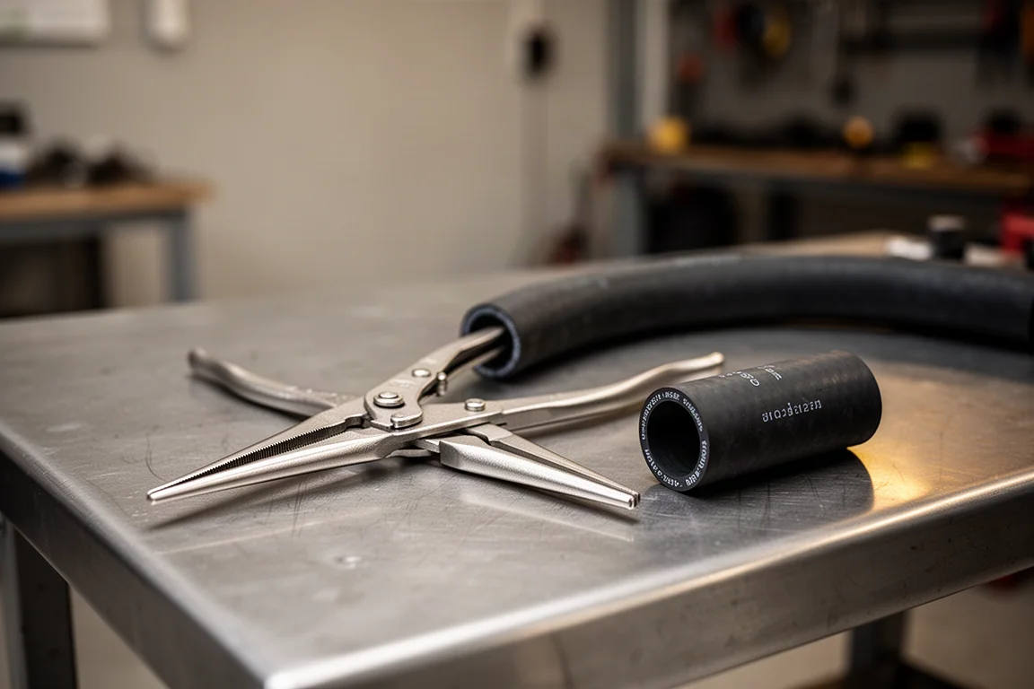Two pairs of pliers resting on a workshop bench beside a rubber radiator hose