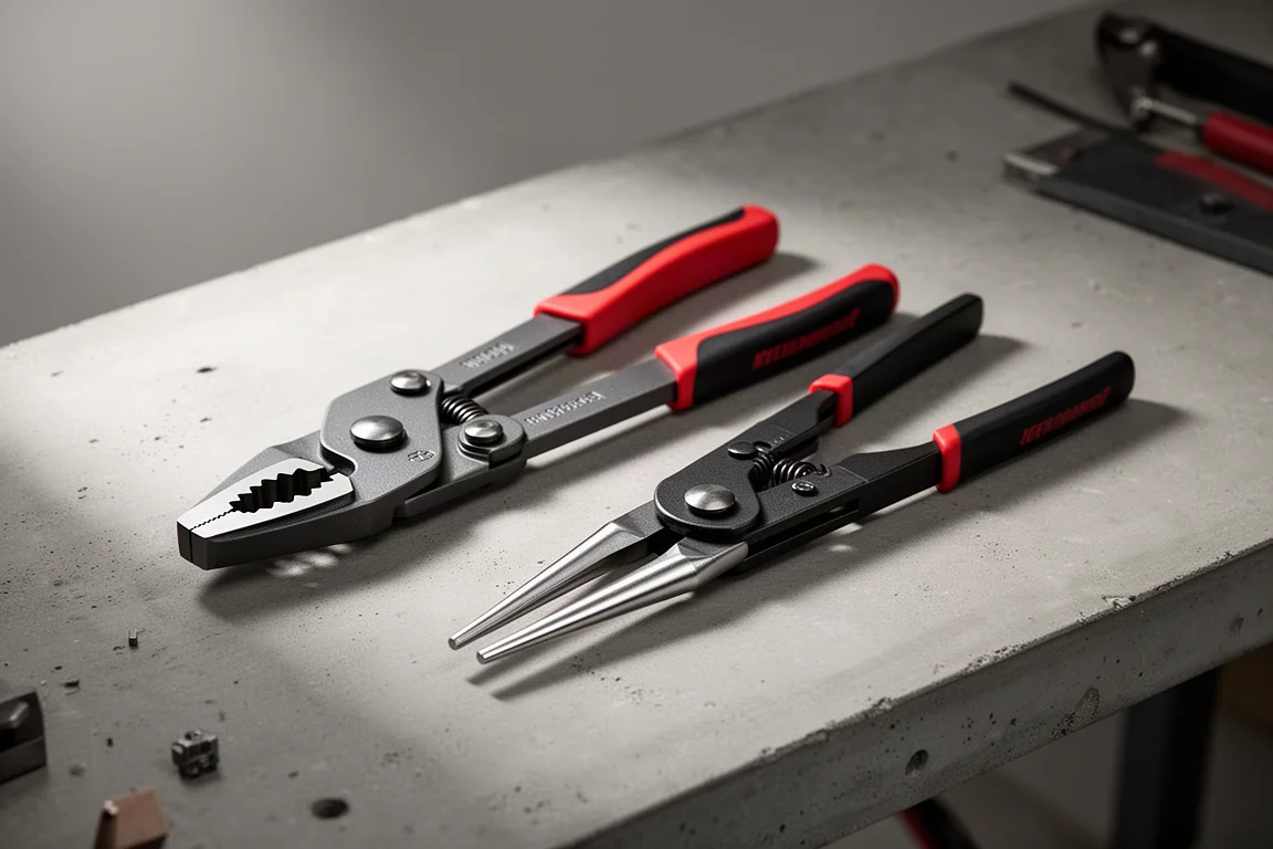 Two pairs of hose clamp pliers side by side on a concrete workbench