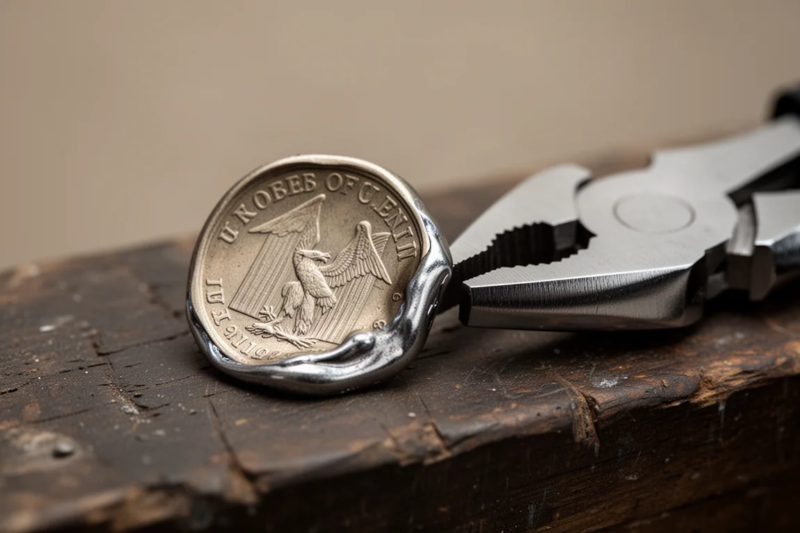 Pièce de monnaie visiblement déformée et écrasée après avoir été serrée dans une pince puissante