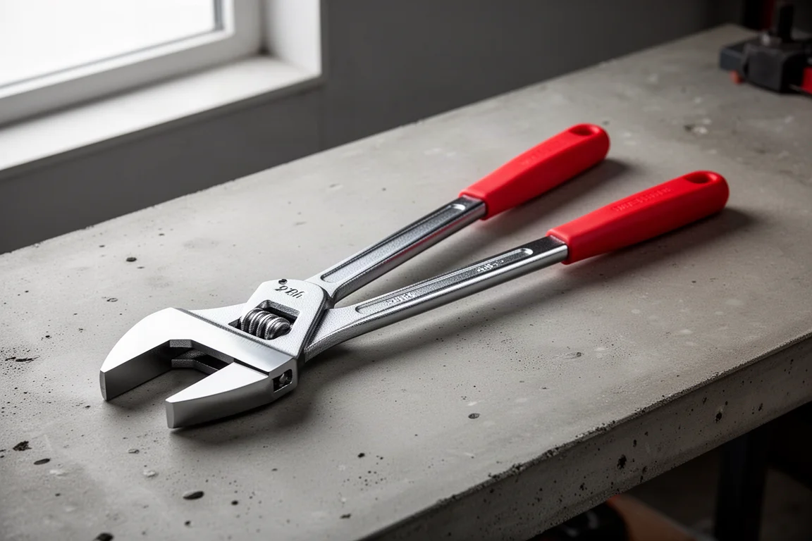Large Knipex-style chrome pliers wrench with red handles on concrete workbench