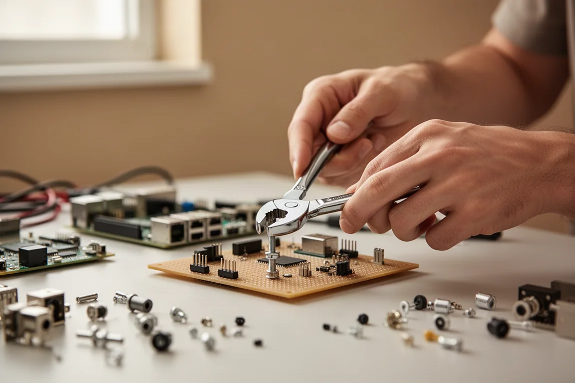 Plier wrench in uso per avvitare un piccolo fissaggio su un progetto di elettronica