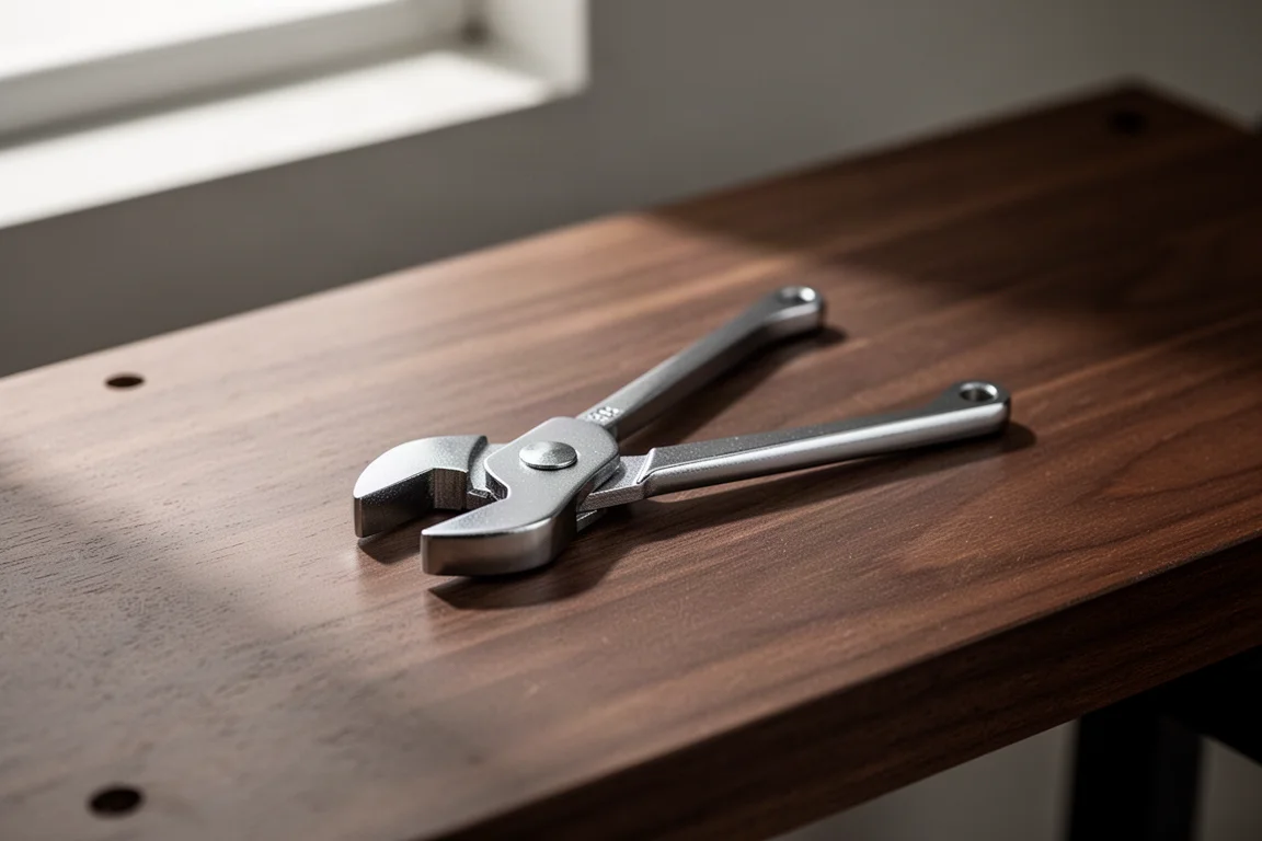 Knipex 8604 100 Mini Plier Wrench on a dark wooden workbench