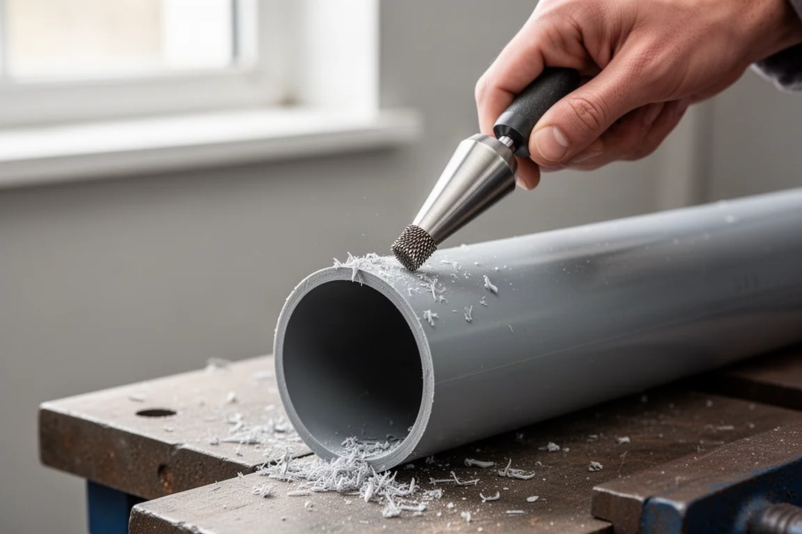 Entgrater fasst die Kante eines geschnittenen PVC-Rohrs an