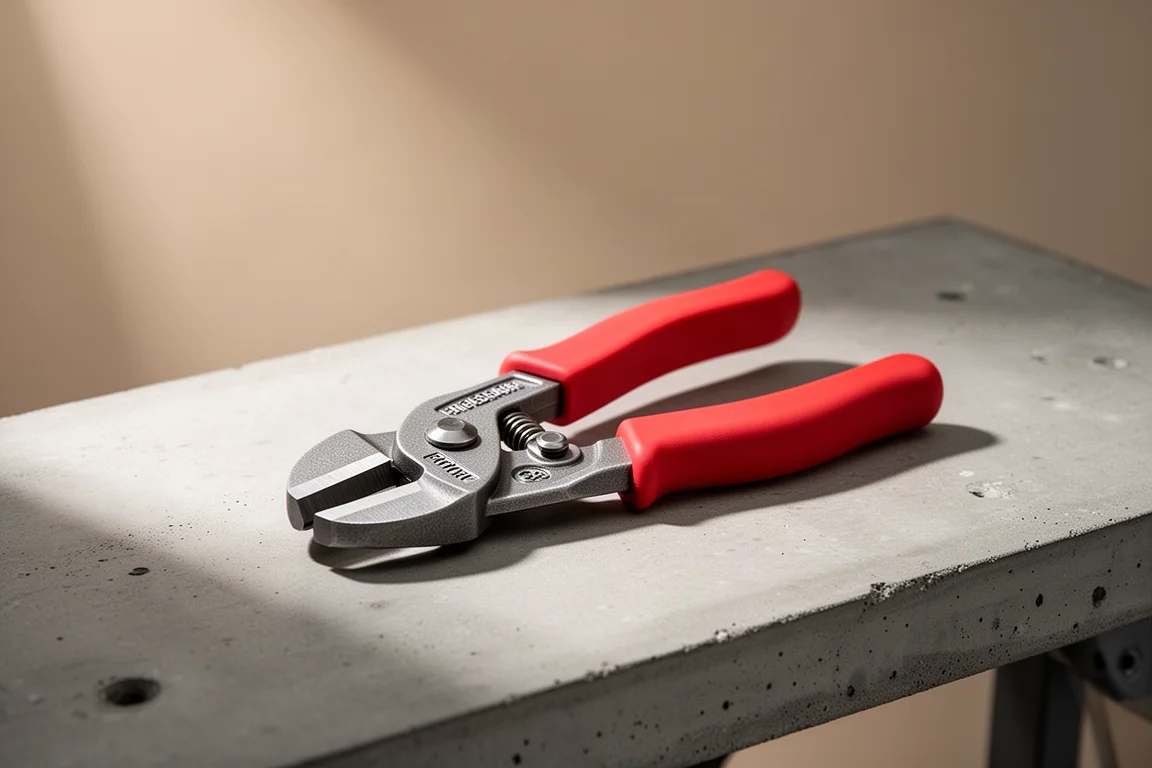 Knipex 95 62 190 wire rope cutter with red handles on a concrete workbench