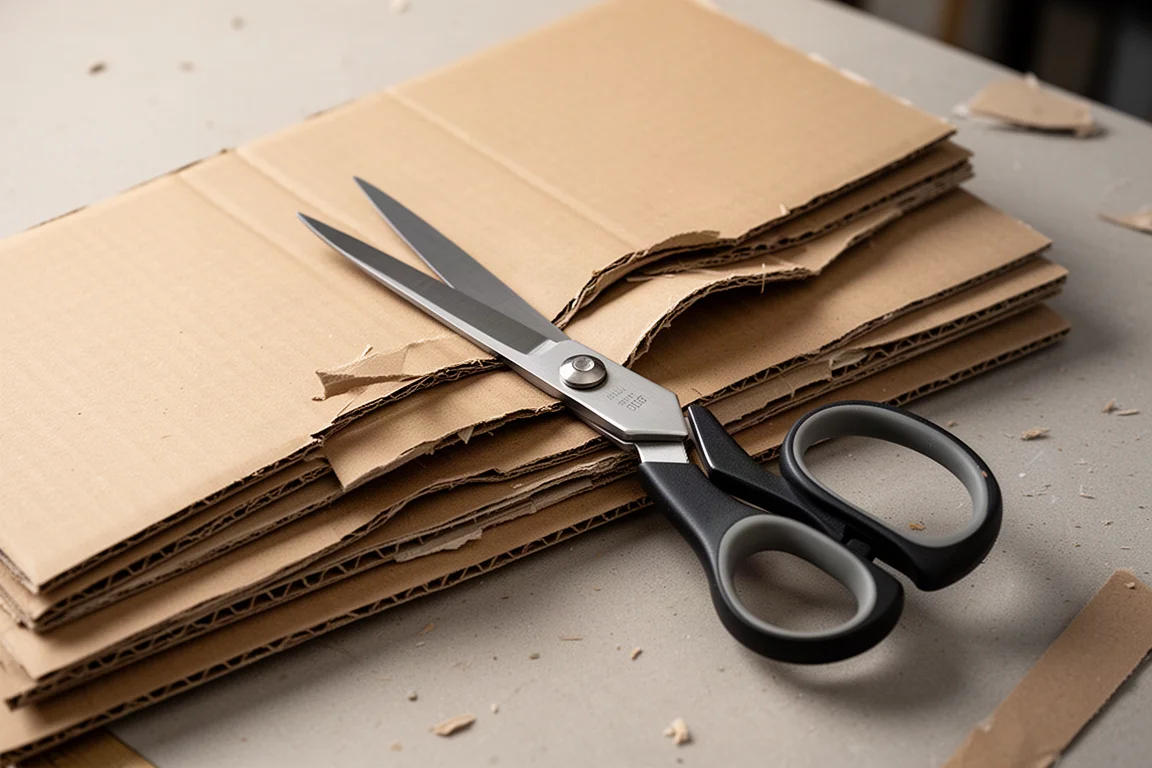 Tesoura cortando várias camadas de papelão sobre uma superfície de oficina
