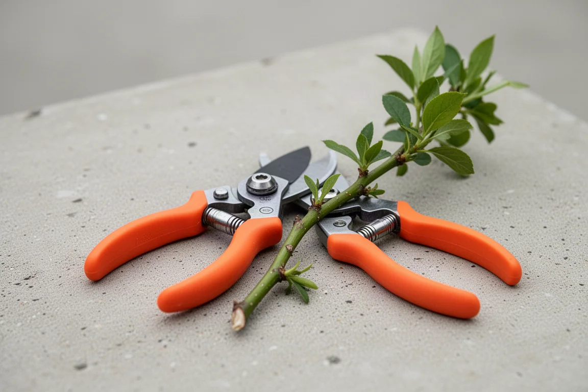 Forbici da potatura con impugnature arancioni che tagliano un gambo di pianta all'aperto