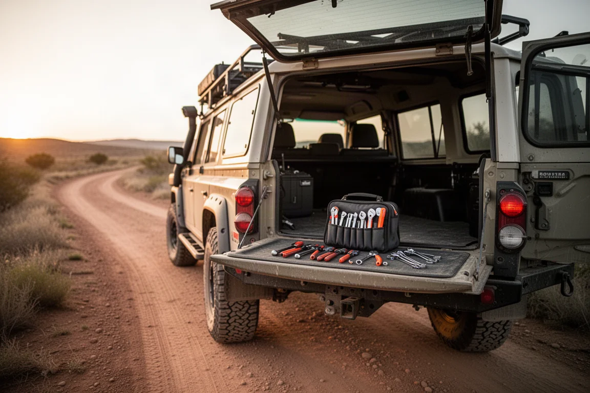Overland vehicle parked on a dirt trail with a small tool roll laid out on the tailgate