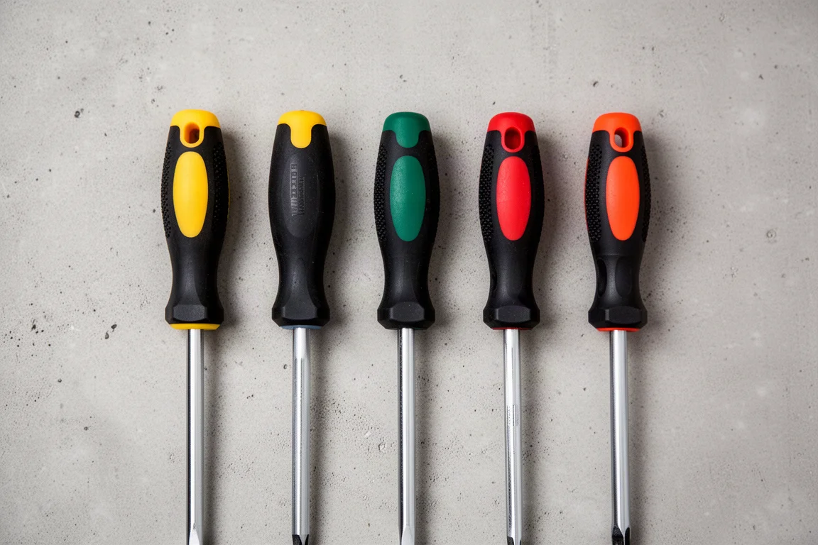 Several screwdriver handles of different shapes arranged side by side for comparison