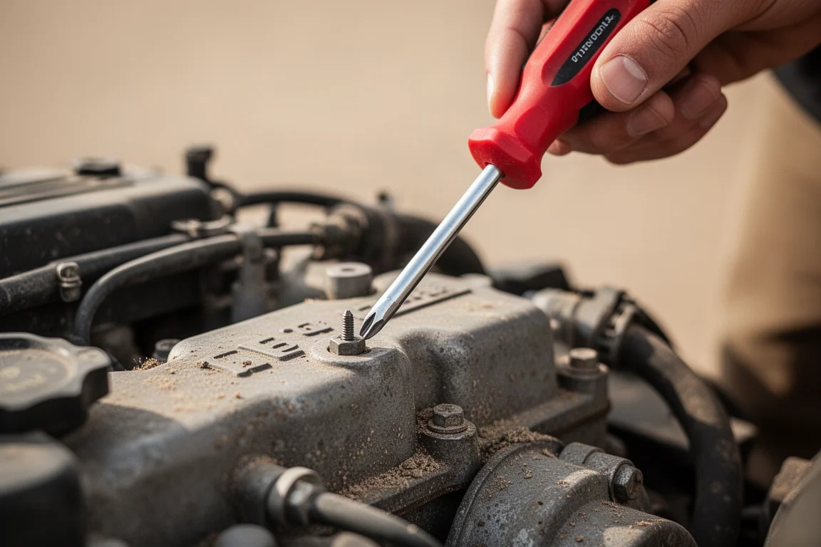 Screwdriver being used to turn a Phillips fastener on a vehicle component