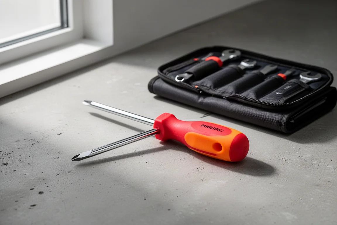 Knipex 98 2402 Phillips screwdriver with red handle resting on concrete beside a tool roll