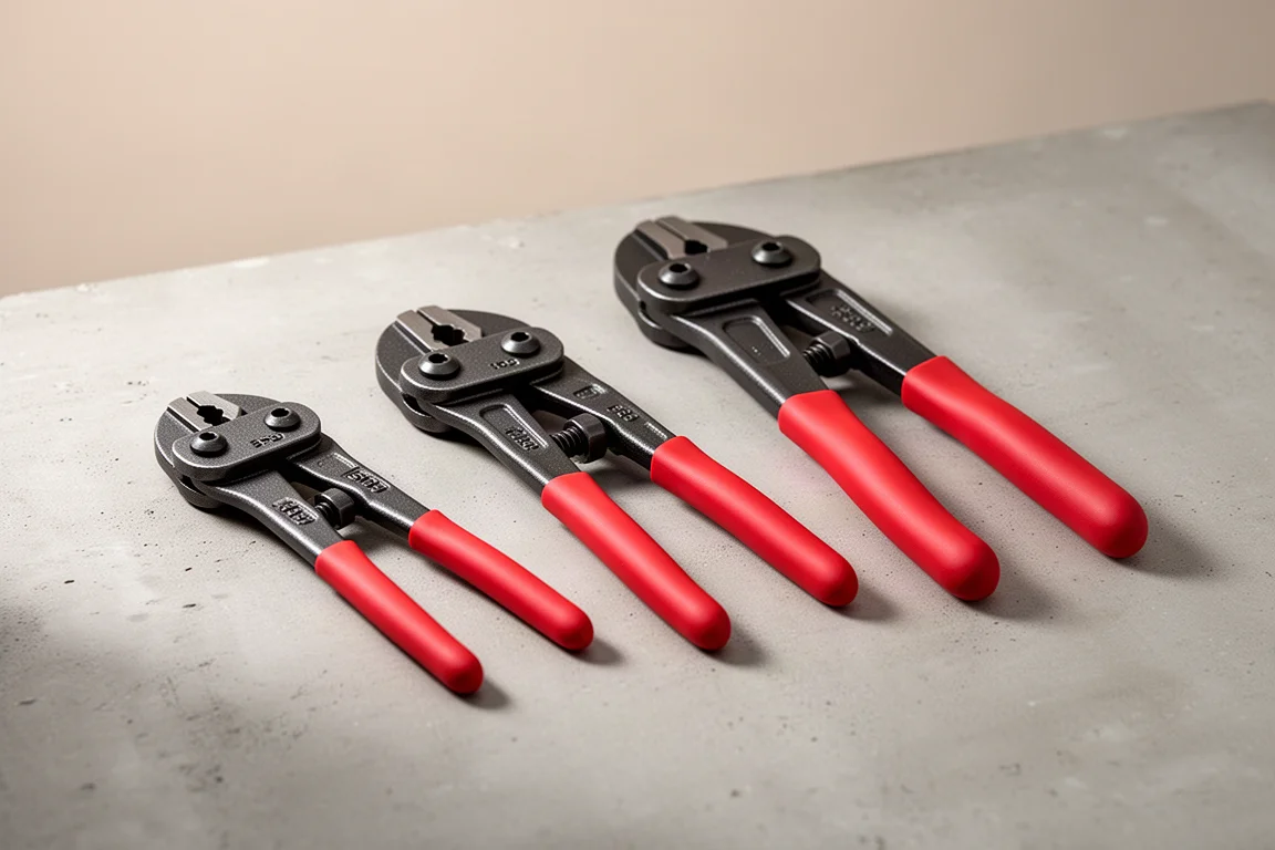 Trzy szczypce Knipex Cobolt do cięcia zamków o różnych długościach ustawione na betonie