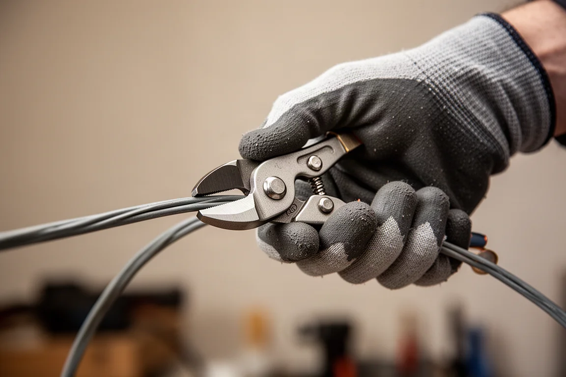 Behandschuhte Hand drückt mit Kraft eine schwere Seitenschneiderzange zusammen