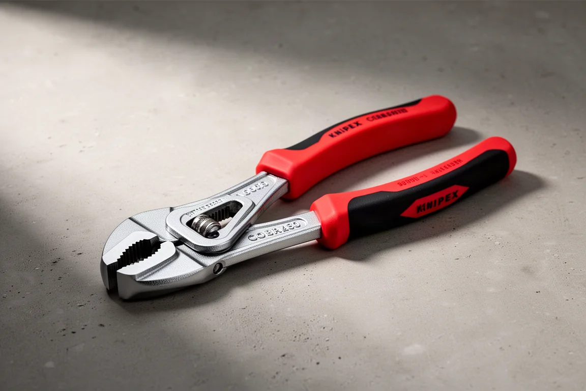 Knipex Cobra 250 water pump pliers with red comfort grip handles on concrete