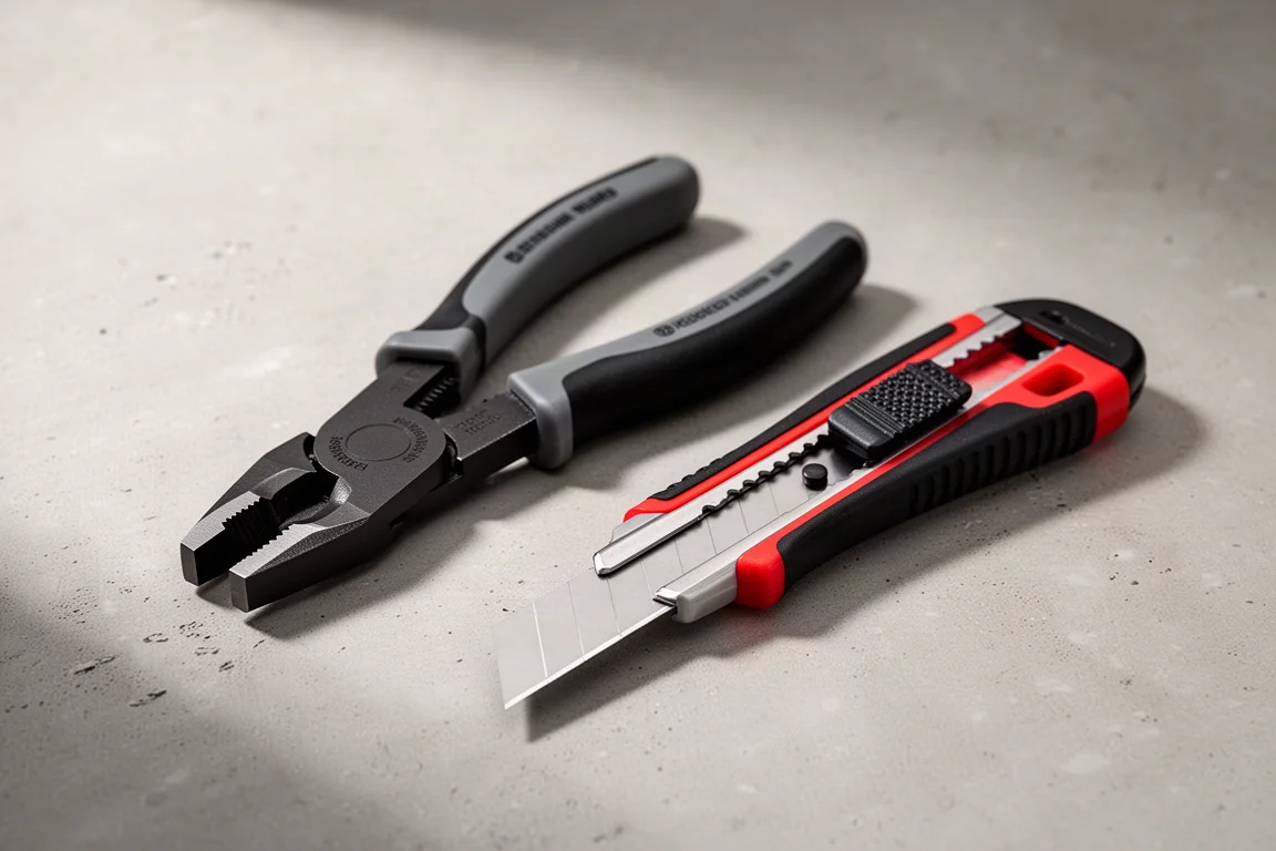 Knipex Cobra pliers and CutX utility knife arranged on a concrete surface