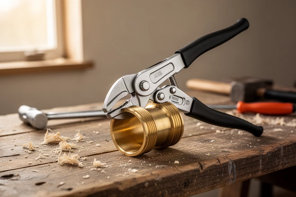 Grote waterpomptang die een breed metalen fitting vastklemt op een werkbank