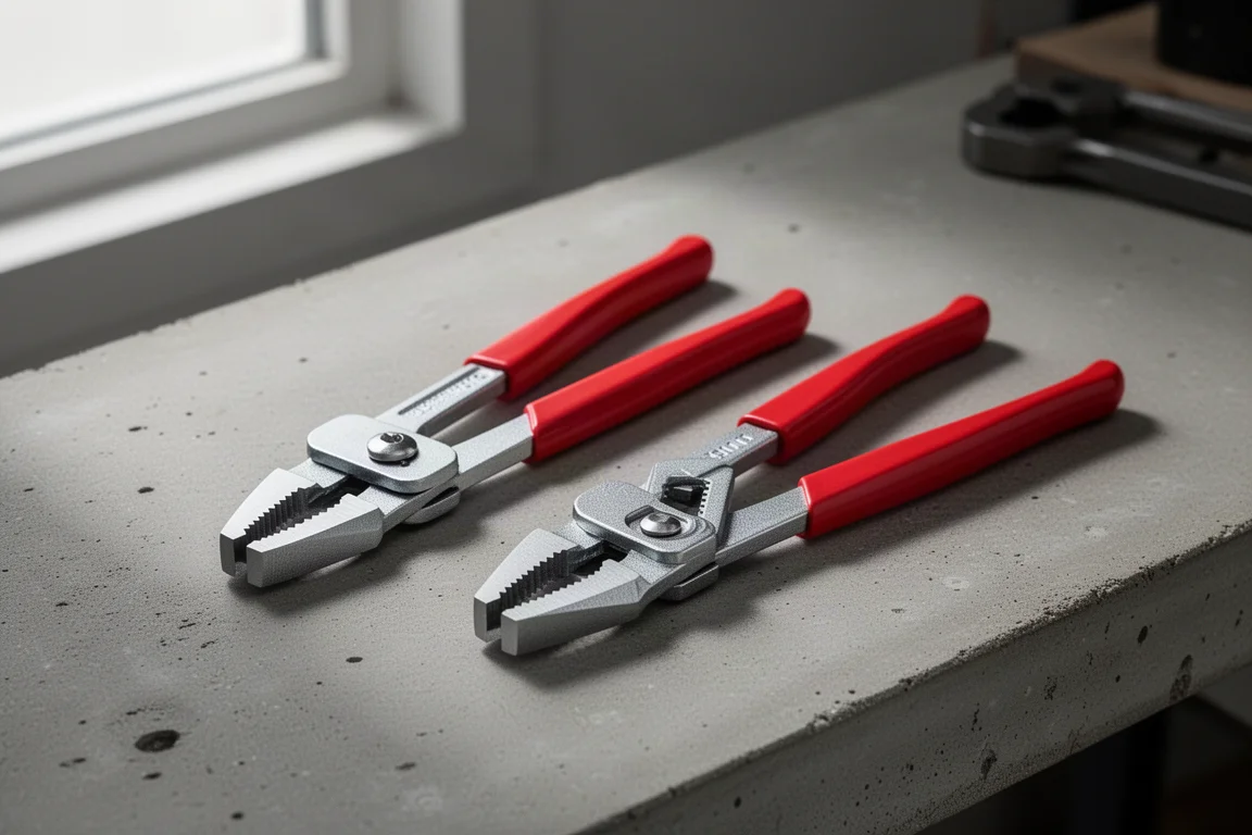 兩把紅色手柄的 Knipex Cobra 鉗子並排放置在水泥工作檯上