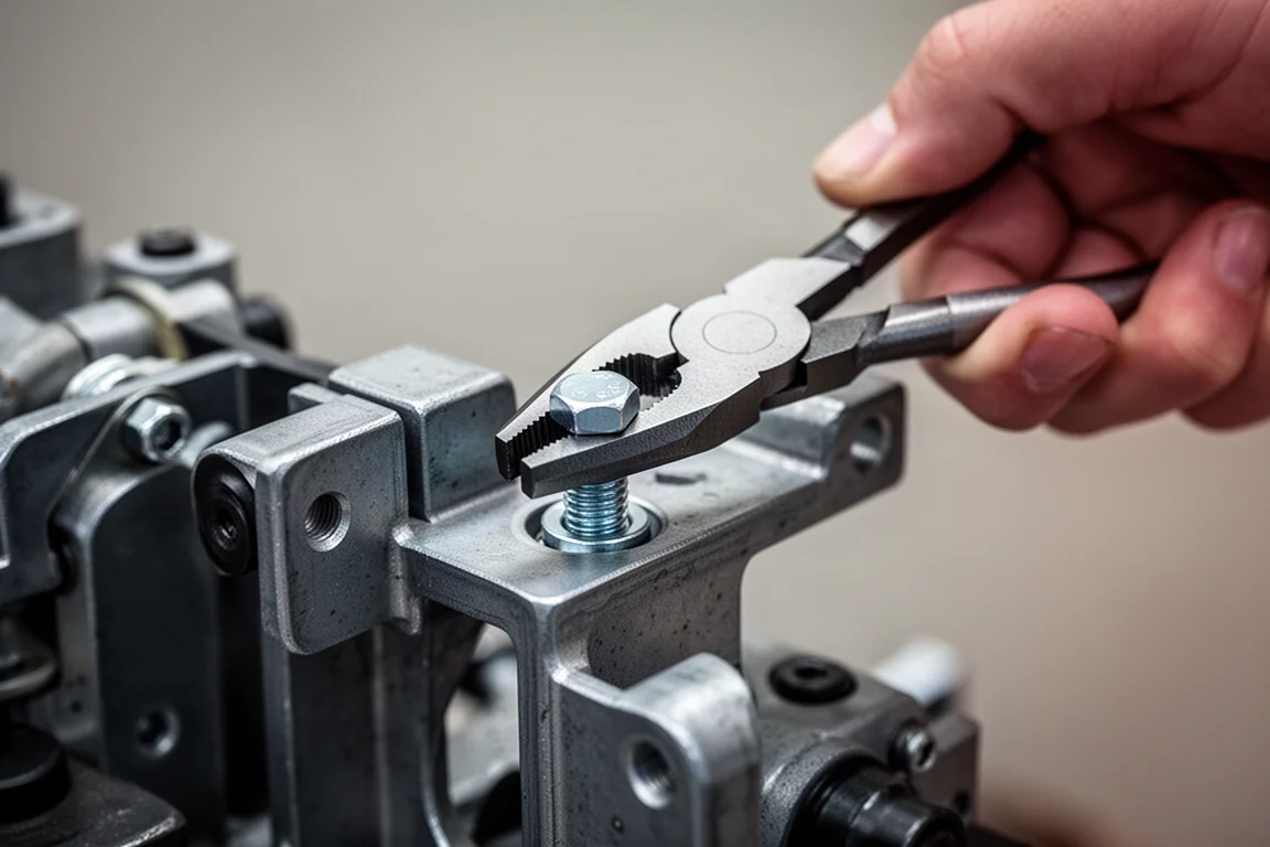 Mechanik używa szczypiec o wąskich szczękach, aby dosięgnąć łącznika w ciasnym miejscu