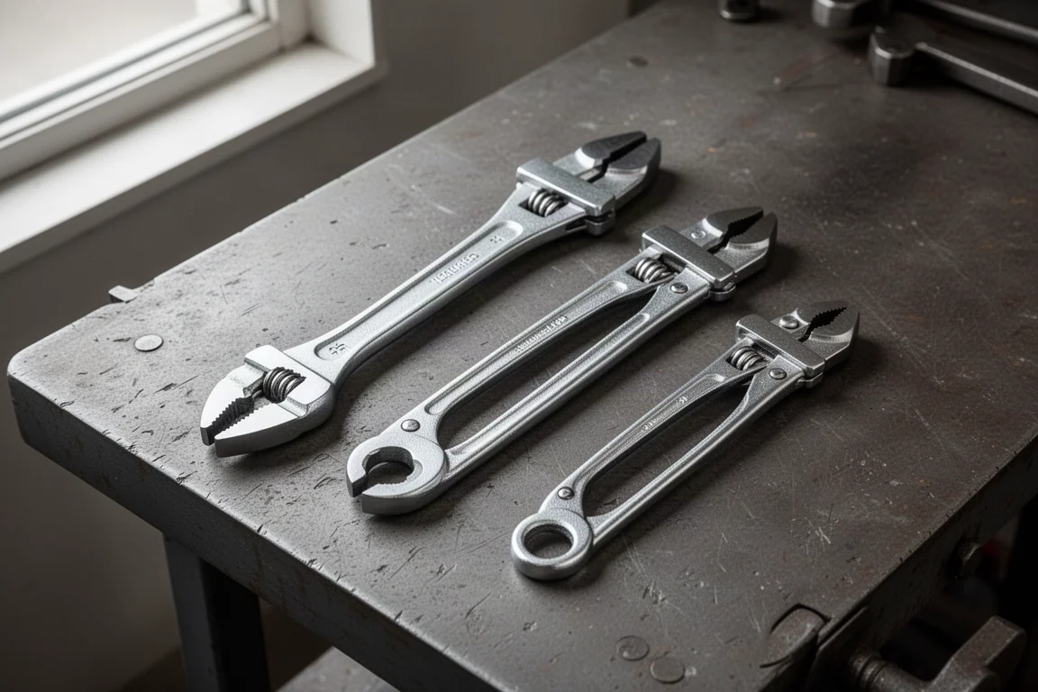 三把不同长度的 Knipex Cobra 钳子并排摆放在工作台上作比较