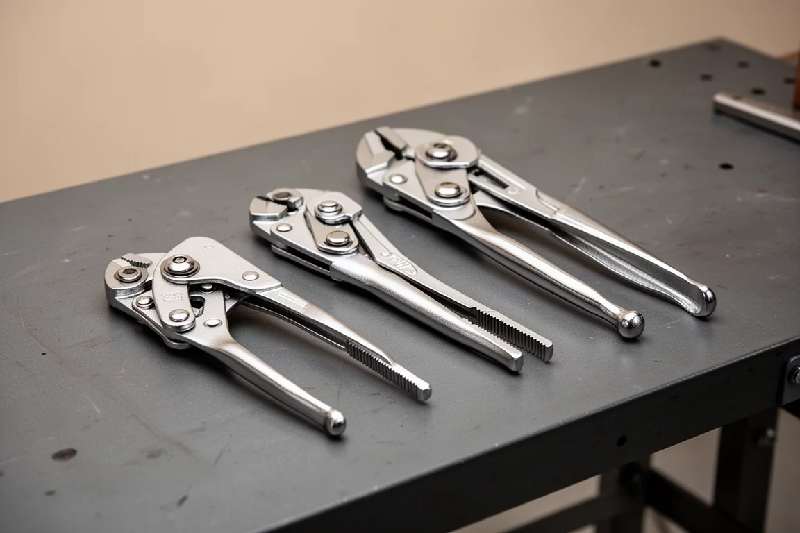 三把長度遞增的 Knipex Cobra 鉗子整齊排列在深色工作檯上