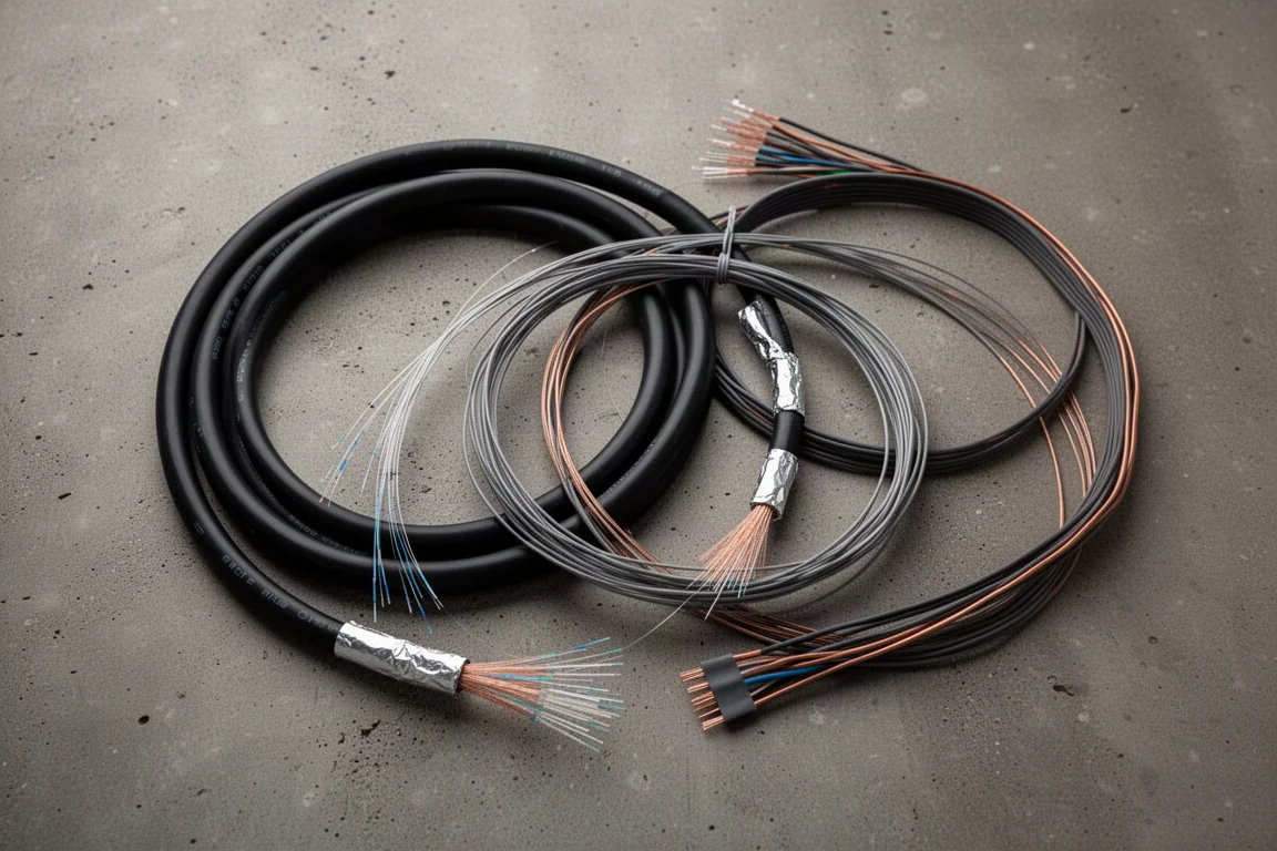 Assortiment kabels, waaronder glasvezel en vlakke kabel, op een werkbank