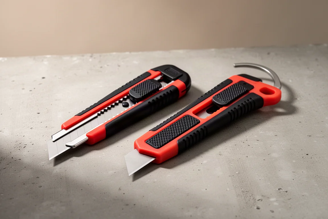 Knipex snap-blade knife and ratcheting cable knife side by side on concrete