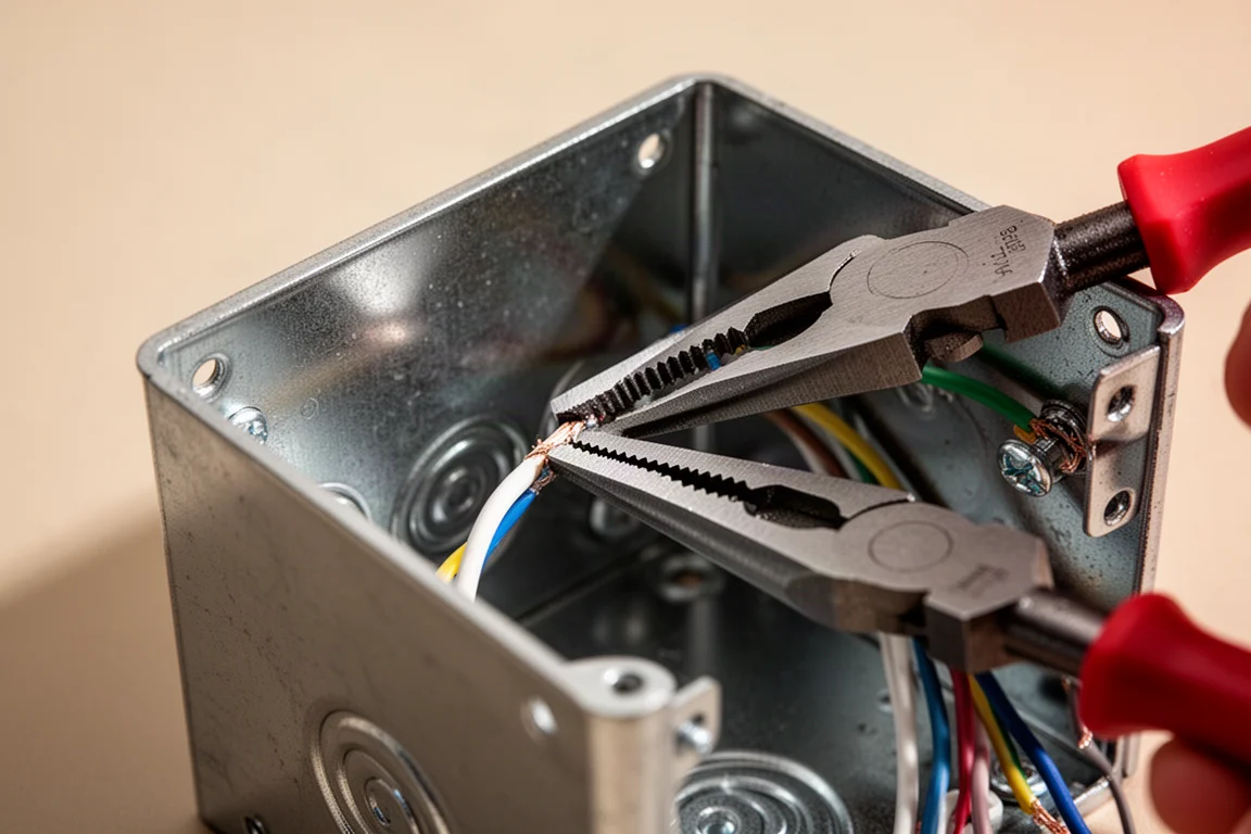 Szczypce sięgające głęboko w tylny róg metalowej puszki elektrycznej
